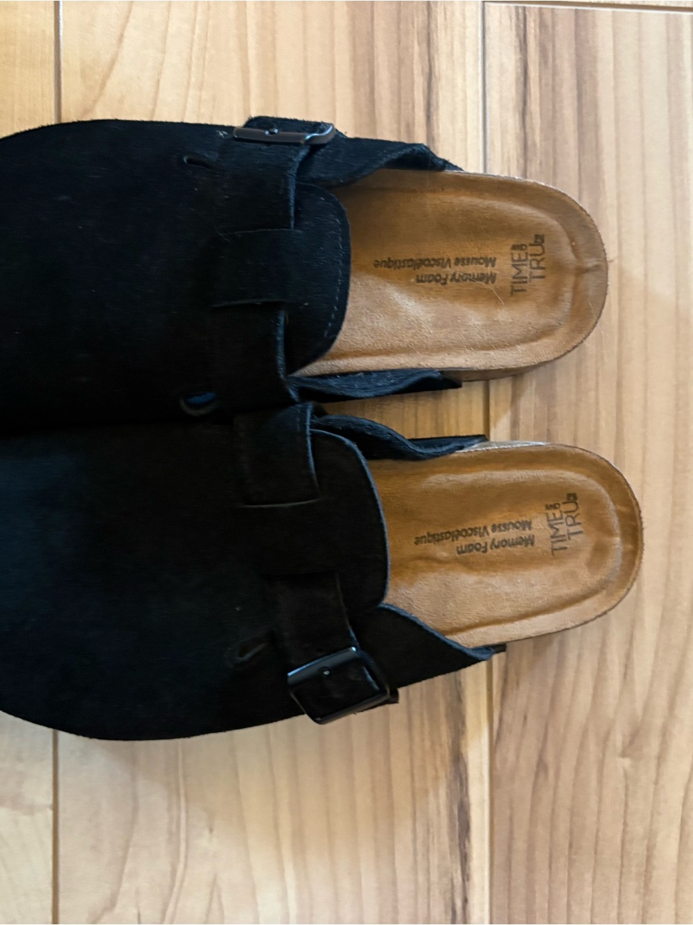Time and Tru Black Suede Slip-On Clog Mules with Buckle